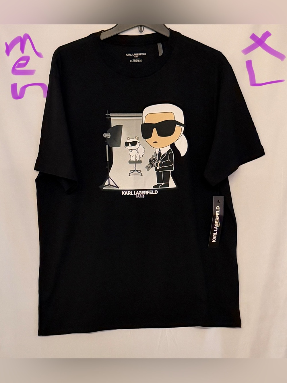 Karl Lagerfeld Black Graphic Tee with White & Gray Cartoon Print